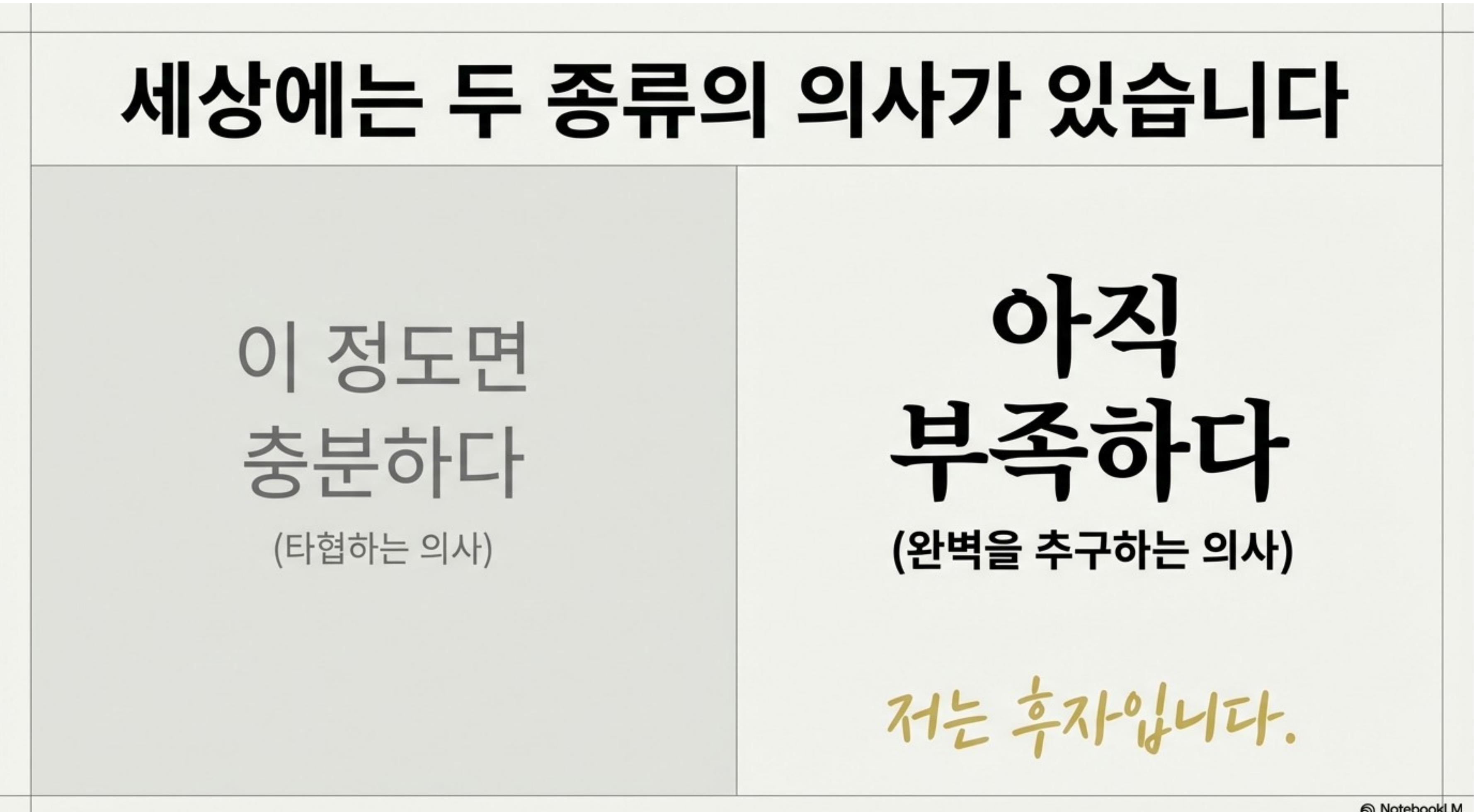 세상에는 두 종류의 의사가 있습니다 — 이 정도면 충분하다(타협하는 의사) vs 아직 부족하다(완벽을 추구하는 의사)