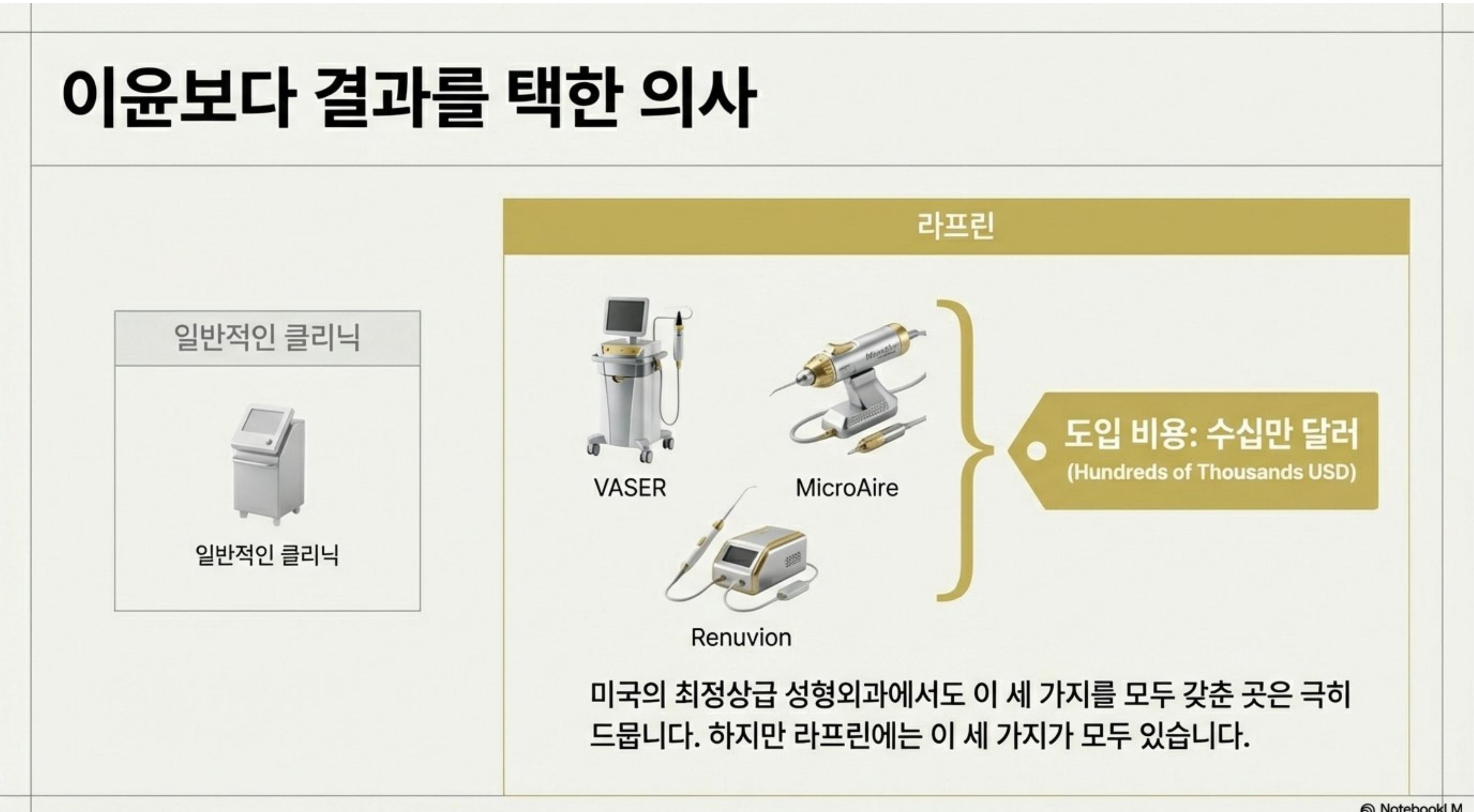 이윤보다 결과를 택한 의사 — 일반 클리닉 vs 라프린의 장비 투자, VASER MicroAire Renuvion, 도입 비용 수십만 달러