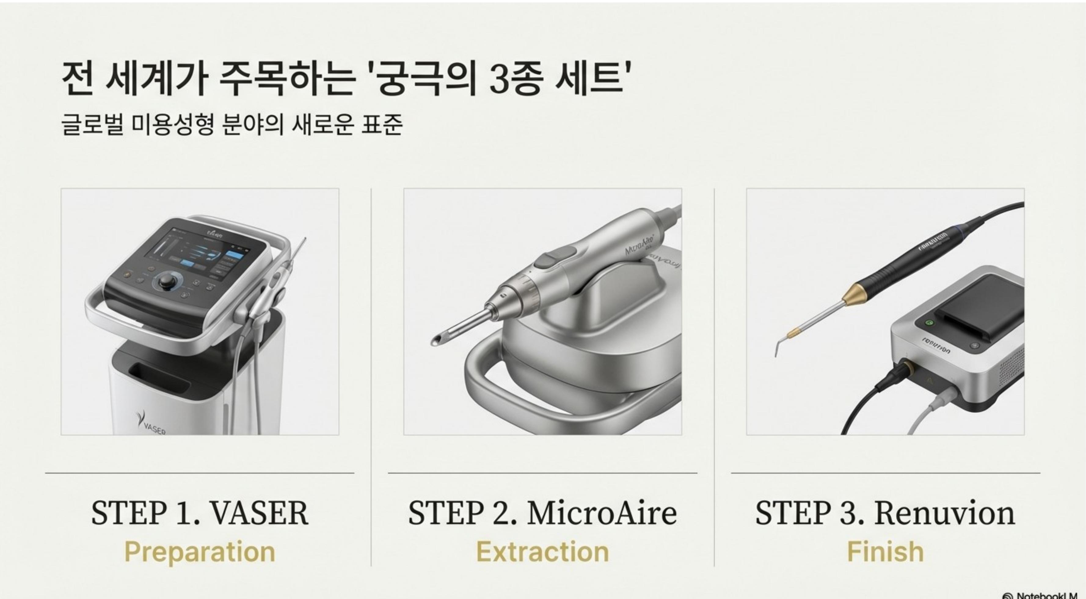 전 세계가 주목하는 궁극의 3종 세트 — STEP 1 VASER 준비, STEP 2 MicroAire 추출, STEP 3 Renuvion 마무리
