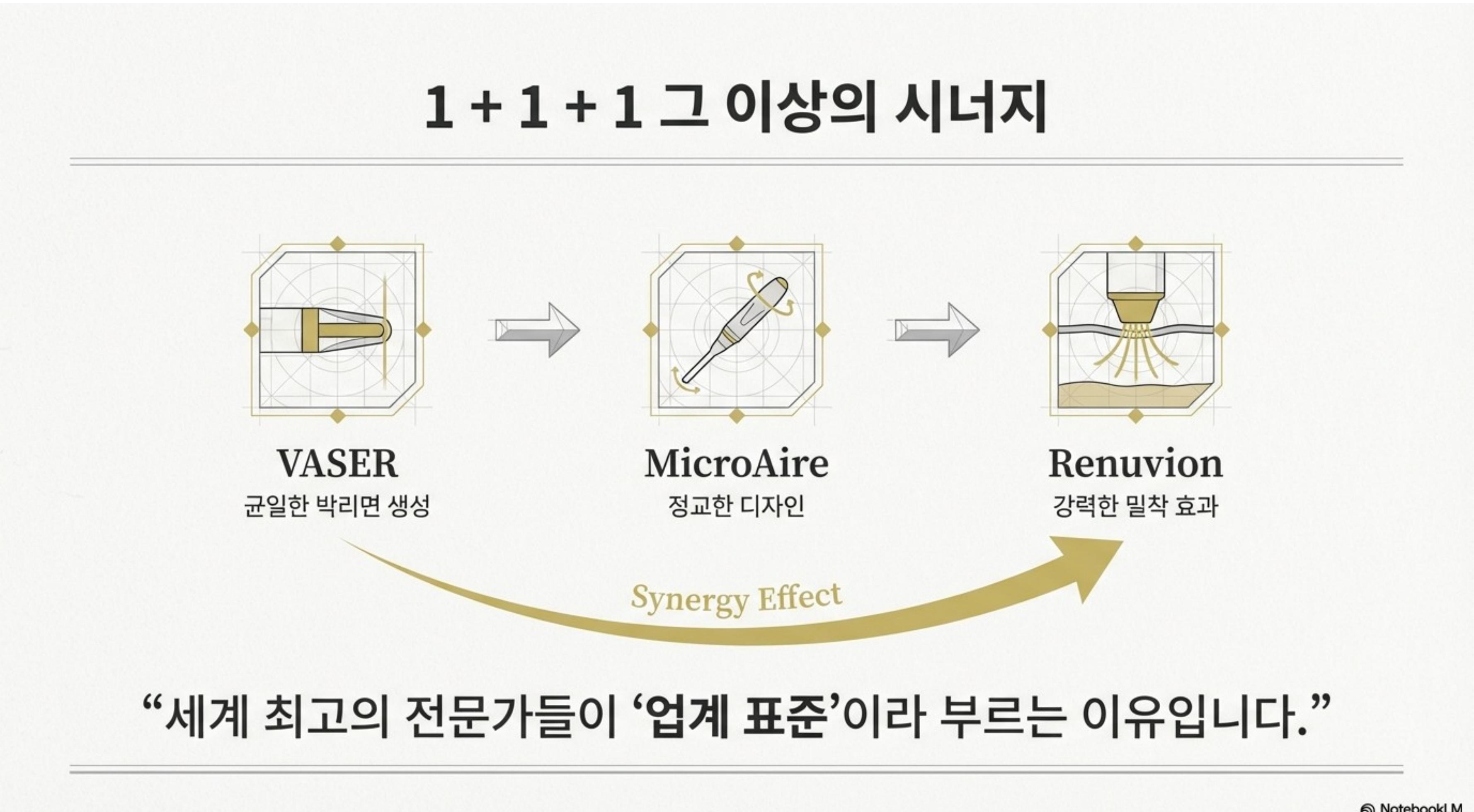 1+1+1 그 이상의 시너지 — VASER 균일한 박리면 → MicroAire 정교한 디자인 → Renuvion 강력한 밀착 효과, Synergy Effect