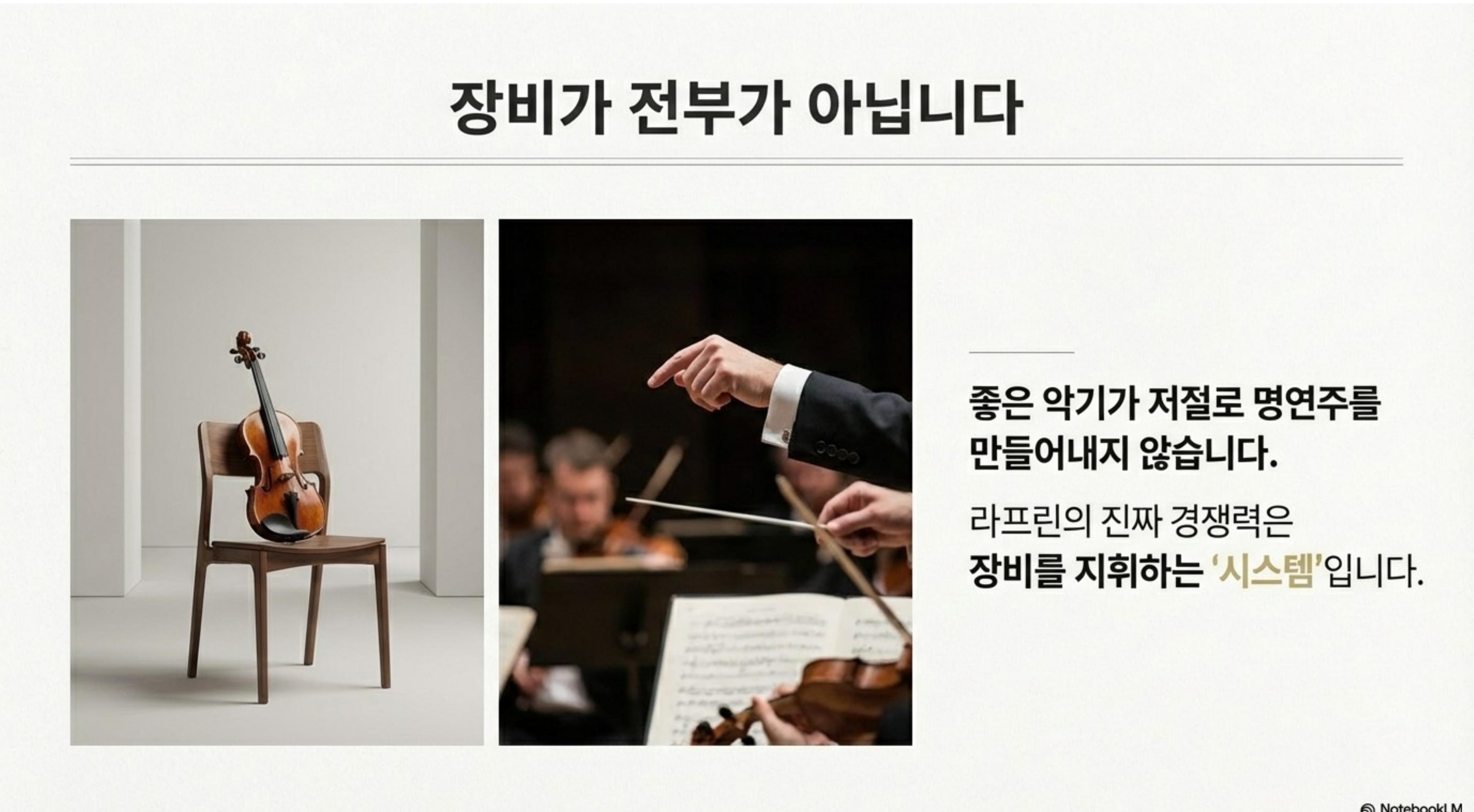 장비가 전부가 아닙니다 — 좋은 악기가 저절로 명연주를 만들어내지 않습니다, 라프린의 진짜 경쟁력은 장비를 지휘하는 시스템