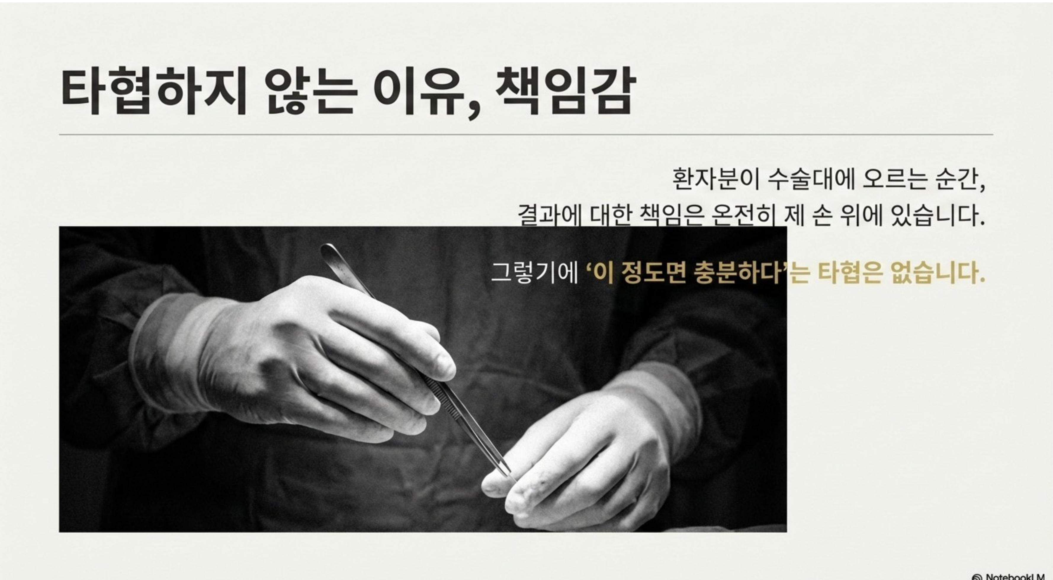 타협하지 않는 이유, 책임감 — 환자분이 수술대에 오르는 순간, 결과에 대한 책임은 온전히 제 손 위에 있습니다, 이 정도면 충분하다는 타협은 없습니다