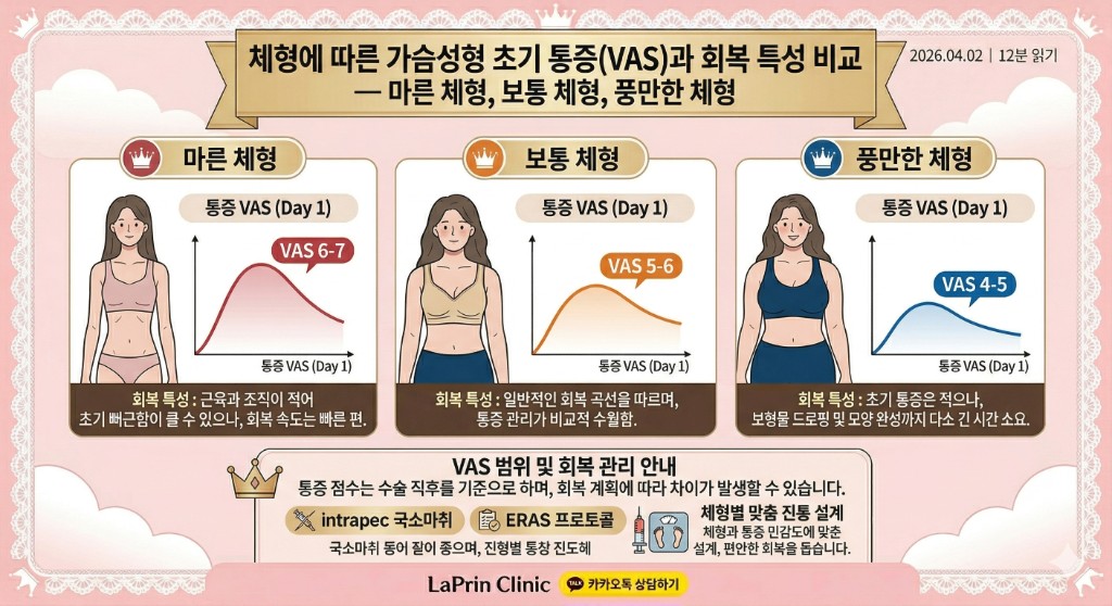 체형별 가슴성형 초기 통증(VAS)과 회복 특성 비교 — 마른 체형, 보통 체형, 풍만한 체형 인포그래픽